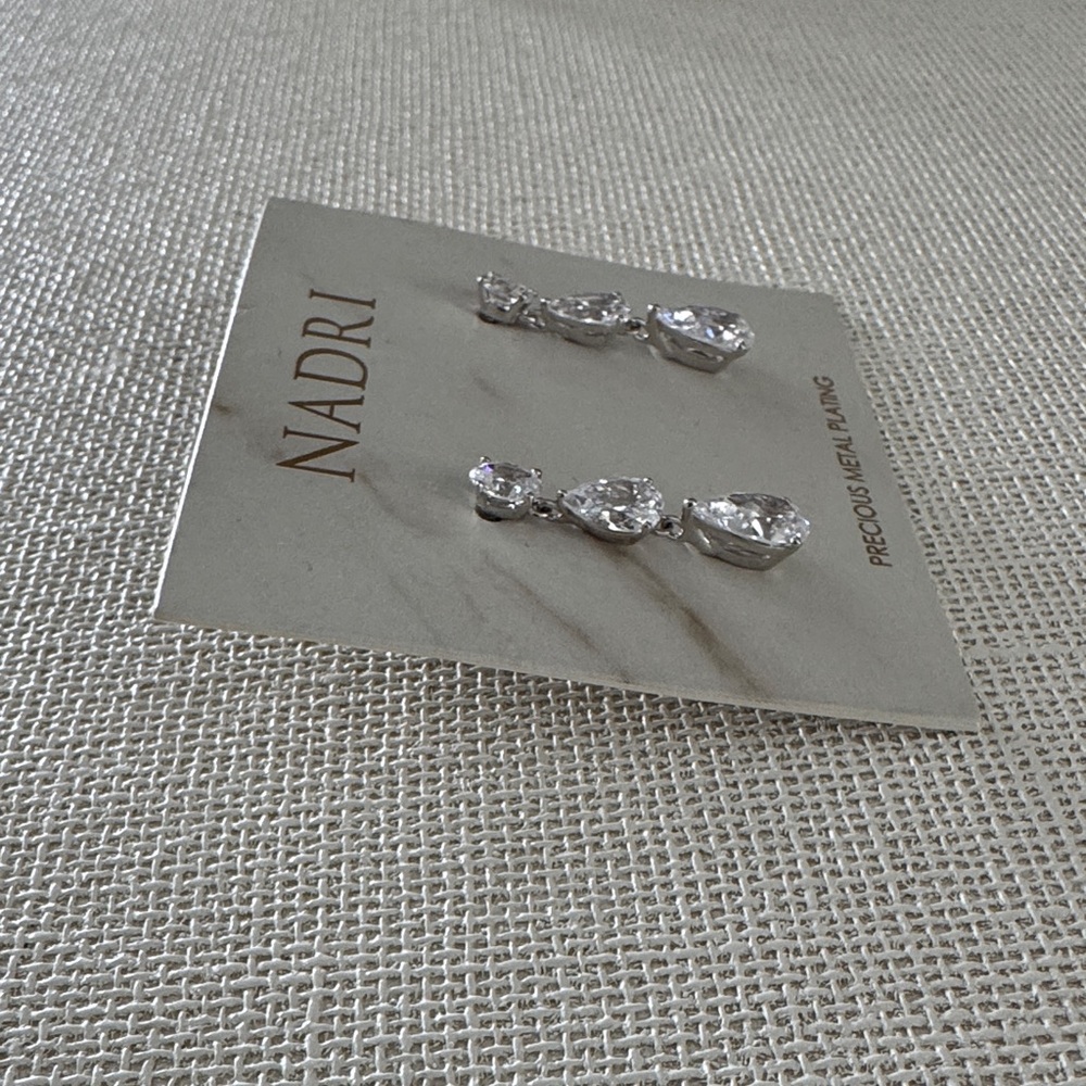 Nadri Silver Clear Teardrop Triple-Drop Earrings - Picture 4 of 6